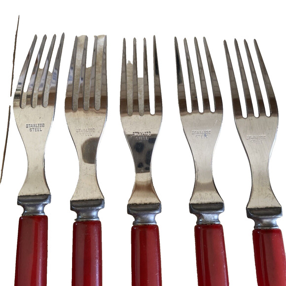 Vintage RED Bakelite Handle Silverware 11 Utensils Knives & Forks Flatware - Picture 6 of 13